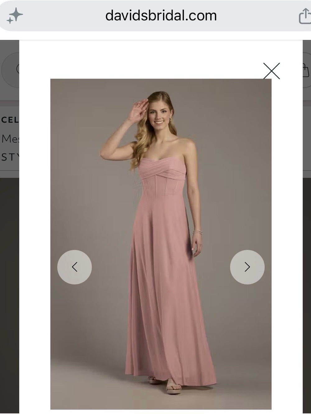 David's Bridal Dusty Rose Strapless Chiffon Bridesmaid Gown